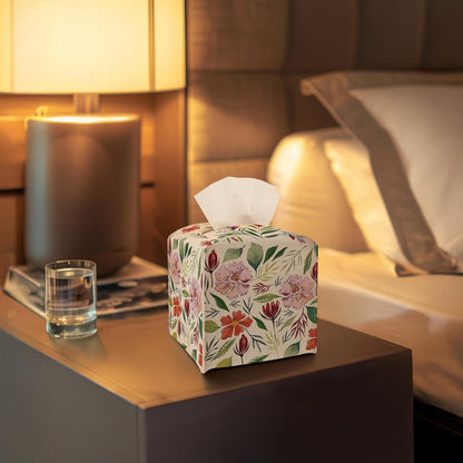 Tissue Box Cover - Pink Flowers PU Leather Tissue Box Holder with Elastic Bottom Strap,5.2x5.2Inch Tissue Box Decor for Bathroom Nightstand, Dresser, Office Desk, Bedroom (Flower&Leaves)