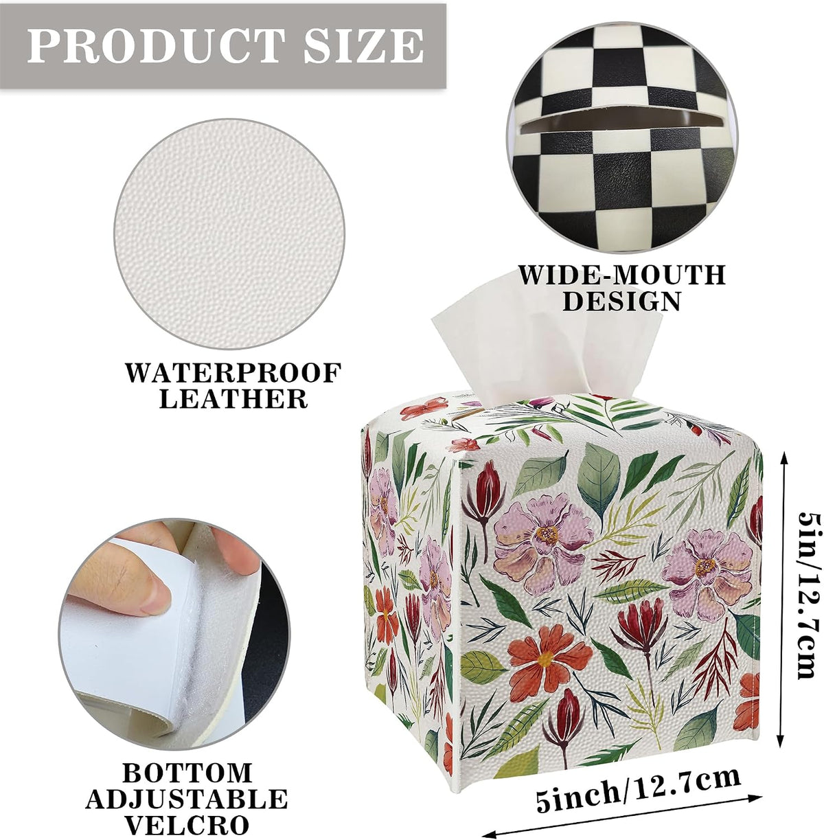 Tissue Box Cover - Pink Flowers PU Leather Tissue Box Holder with Elastic Bottom Strap,5.2x5.2Inch Tissue Box Decor for Bathroom Nightstand, Dresser, Office Desk, Bedroom (Flower&Leaves)