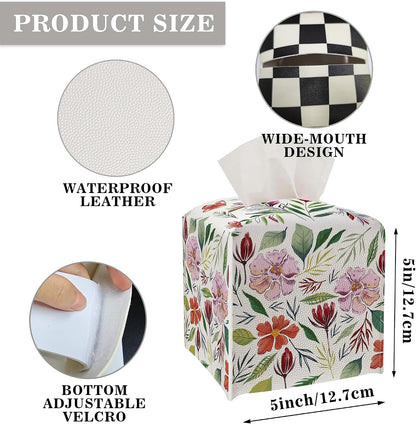 Tissue Box Cover - Pink Flowers PU Leather Tissue Box Holder with Elastic Bottom Strap,5.2x5.2Inch Tissue Box Decor for Bathroom Nightstand, Dresser, Office Desk, Bedroom (Flower&Leaves)
