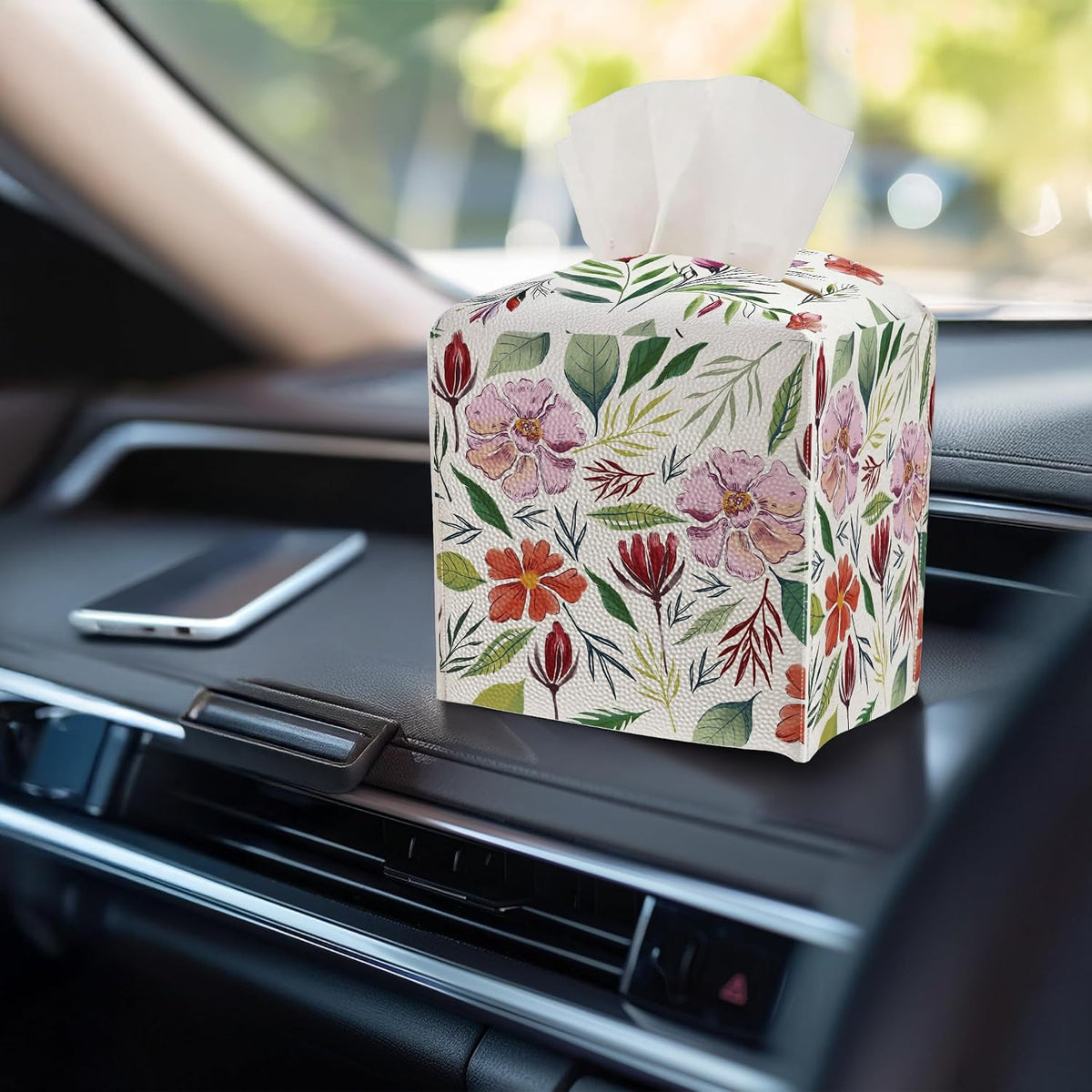 Tissue Box Cover - Pink Flowers PU Leather Tissue Box Holder with Elastic Bottom Strap,5.2x5.2Inch Tissue Box Decor for Bathroom Nightstand, Dresser, Office Desk, Bedroom (Flower&Leaves)