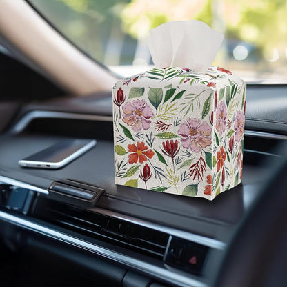 Tissue Box Cover - Pink Flowers PU Leather Tissue Box Holder with Elastic Bottom Strap,5.2x5.2Inch Tissue Box Decor for Bathroom Nightstand, Dresser, Office Desk, Bedroom (Flower&Leaves)