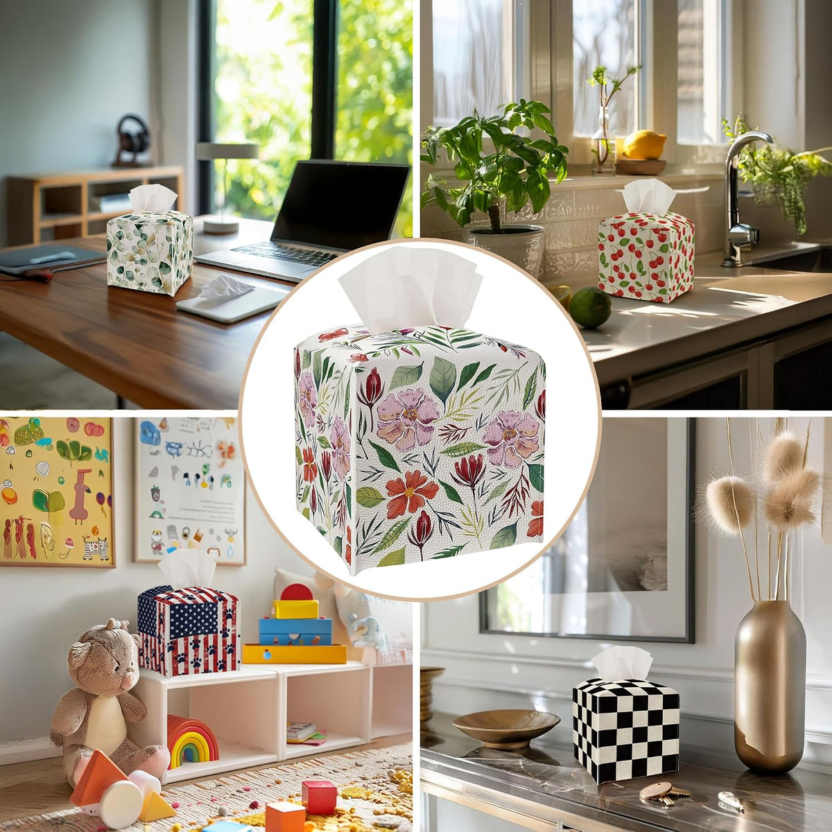 Tissue Box Cover - Pink Flowers PU Leather Tissue Box Holder with Elastic Bottom Strap,5.2x5.2Inch Tissue Box Decor for Bathroom Nightstand, Dresser, Office Desk, Bedroom (Flower&Leaves)