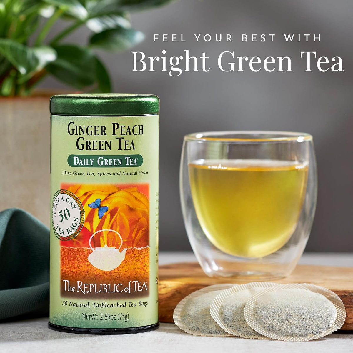 Daily Green Ginger Peach Green Tea, Low Caffeine, 50 Ct