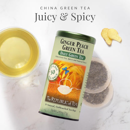 Daily Green Ginger Peach Green Tea, Low Caffeine, 50 Ct