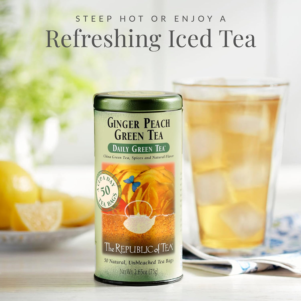 Daily Green Ginger Peach Green Tea, Low Caffeine, 50 Ct