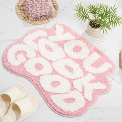 You Look Good Bath Mat - Cute Light Pink Bathroom Rugs Non Slip Washable, Blue Bathroom Decor, Bedroom Decor Aesthetic, Funny Funky Trendy Pink and White Bathroom Mats 25" x 21"