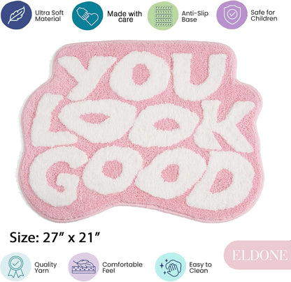 You Look Good Bath Mat - Cute Light Pink Bathroom Rugs Non Slip Washable, Blue Bathroom Decor, Bedroom Decor Aesthetic, Funny Funky Trendy Pink and White Bathroom Mats 25" x 21"