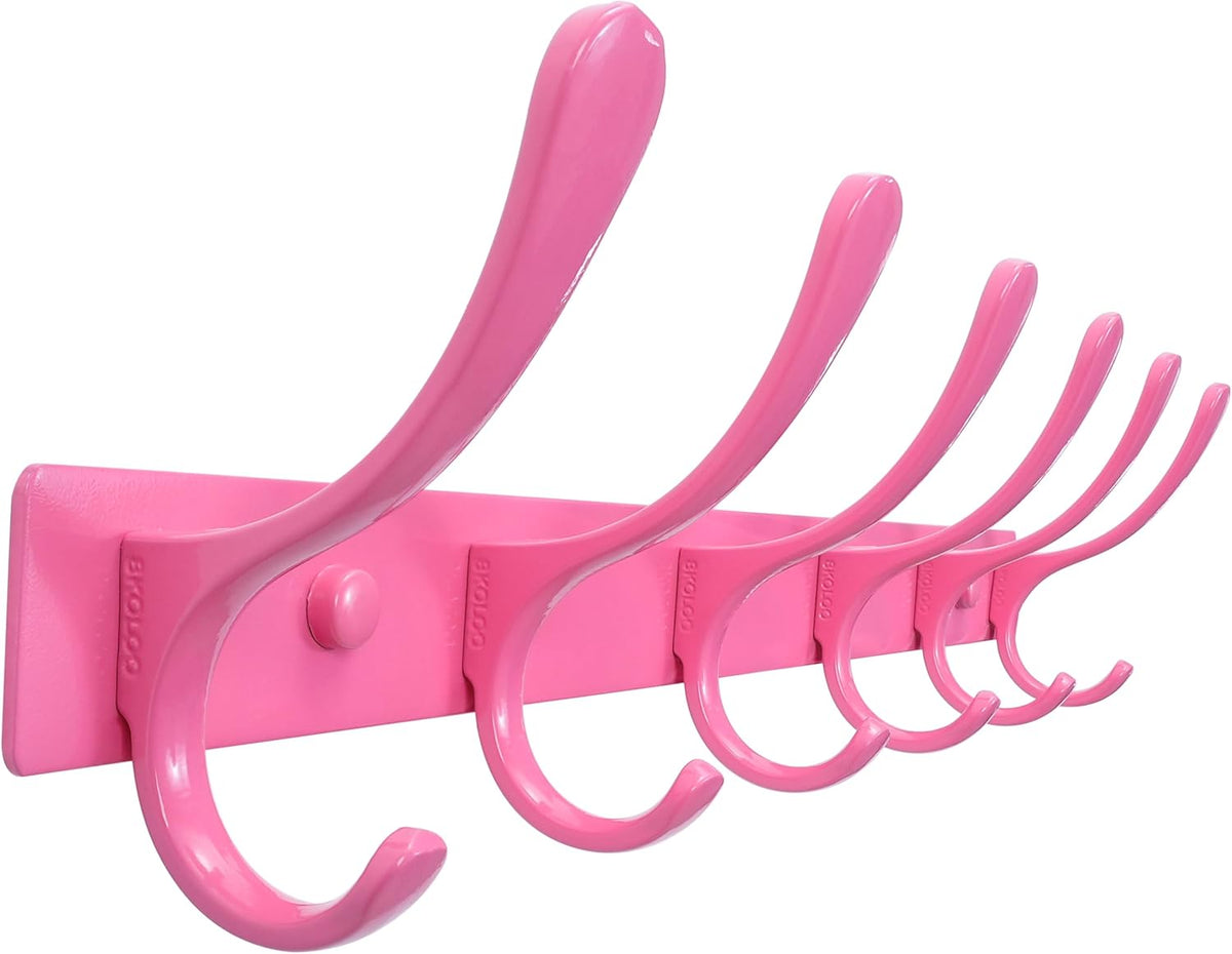 Coat Rack Wall Mounted - 6 Hooks, Heavy Duty, Stainless Steel, Metal Wall Hangers, Sturdy Coat Hooks for Hanging Coats, Jacket, Clothes, Hat, Pink