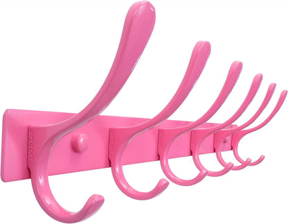 Coat Rack Wall Mounted - 6 Hooks, Heavy Duty, Stainless Steel, Metal Wall Hangers, Sturdy Coat Hooks for Hanging Coats, Jacket, Clothes, Hat, Pink