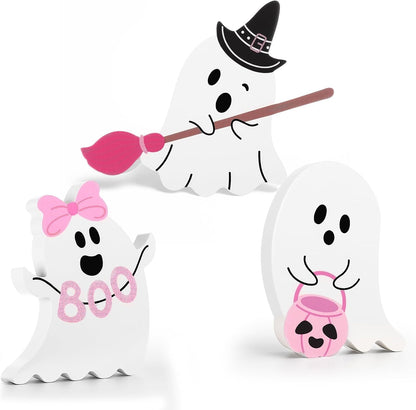 3 Pcs Pink Halloween Ghosts Wood Signs Table Decor,Broom