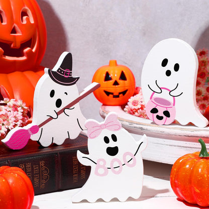 3 Pcs Pink Halloween Ghosts Wood Signs Table Decor,Broom