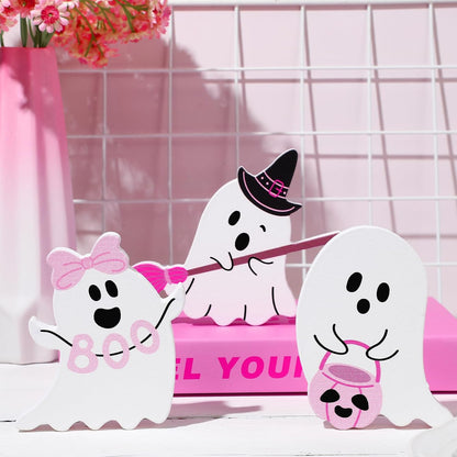 3 Pcs Pink Halloween Ghosts Wood Signs Table Decor,Broom