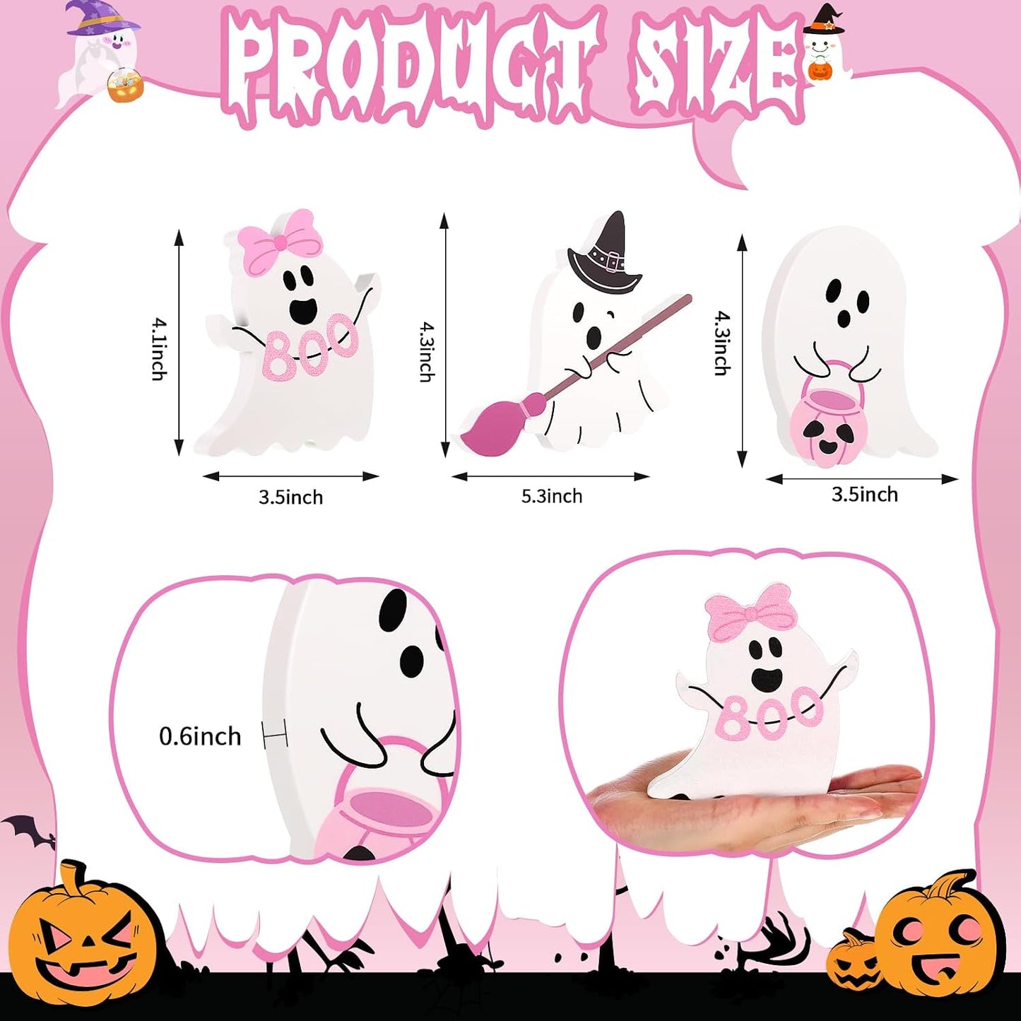 3 Pcs Pink Halloween Ghosts Wood Signs Table Decor,Broom