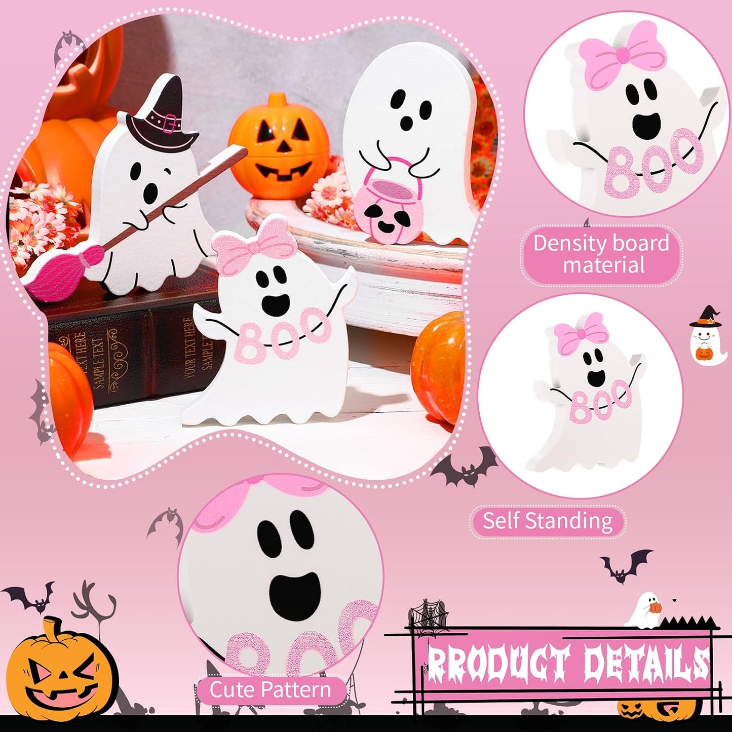 3 Pcs Pink Halloween Ghosts Wood Signs Table Decor,Broom