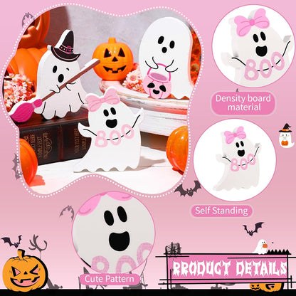 3 Pcs Pink Halloween Ghosts Wood Signs Table Decor,Broom