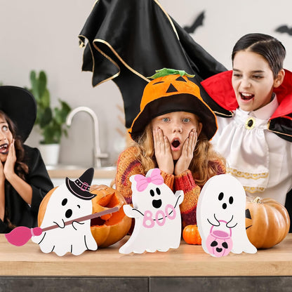 3 Pcs Pink Halloween Ghosts Wood Signs Table Decor,Broom