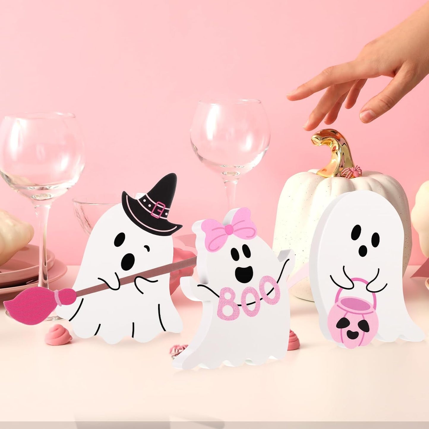 3 Pcs Pink Halloween Ghosts Wood Signs Table Decor,Broom