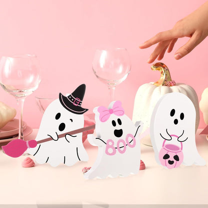 3 Pcs Pink Halloween Ghosts Wood Signs Table Decor,Broom
