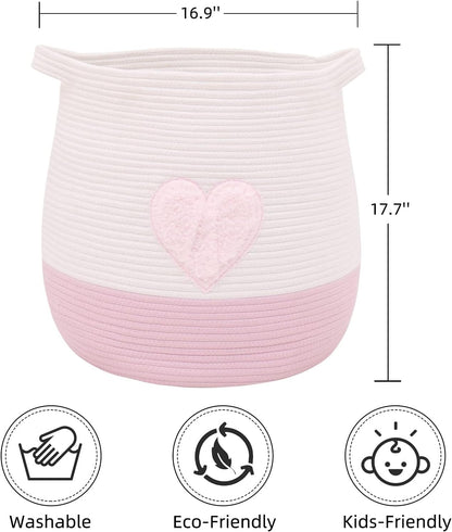 Large Cotton Rope Basket, Woven Storage Basket for Toy, Laundry and Blanket Organizer Basket, Round Hamper Basket with Handles for Kid's Room 17.7"x16.9" (Pink Heart)