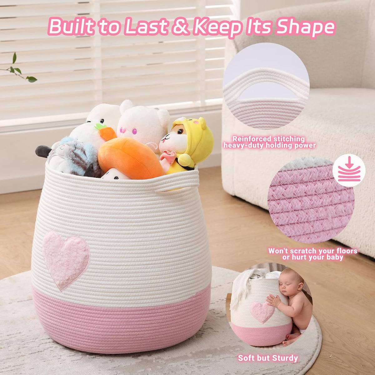 Large Cotton Rope Basket, Woven Storage Basket for Toy, Laundry and Blanket Organizer Basket, Round Hamper Basket with Handles for Kid's Room 17.7"x16.9" (Pink Heart)
