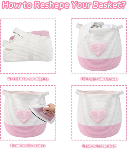 Large Cotton Rope Basket, Woven Storage Basket for Toy, Laundry and Blanket Organizer Basket, Round Hamper Basket with Handles for Kid's Room 17.7"x16.9" (Pink Heart)