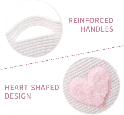 Large Cotton Rope Basket, Woven Storage Basket for Toy, Laundry and Blanket Organizer Basket, Round Hamper Basket with Handles for Kid's Room 17.7"x16.9" (Pink Heart)