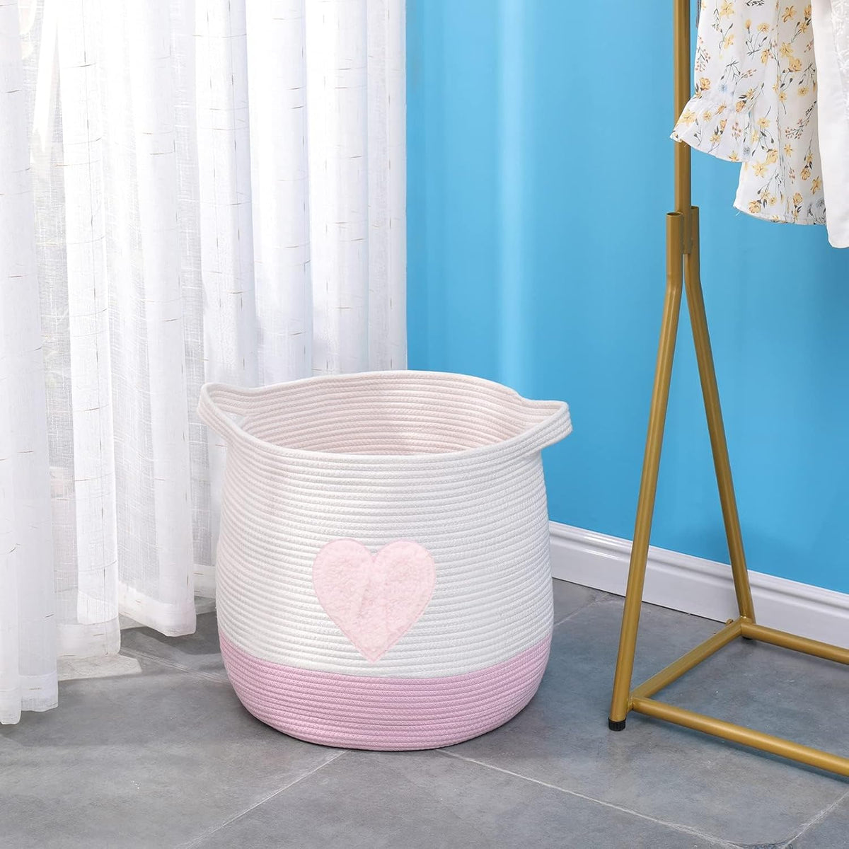 Large Cotton Rope Basket, Woven Storage Basket for Toy, Laundry and Blanket Organizer Basket, Round Hamper Basket with Handles for Kid's Room 17.7"x16.9" (Pink Heart)