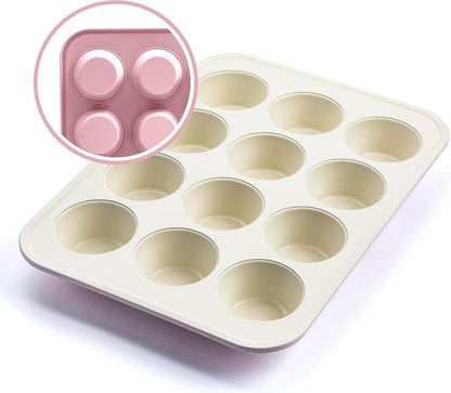 12-Cup Muffin Pan, Healthy Ceramic Nonstick Bakeware, PFOA & PFAS-Free Cupcake Sheet, Durable, Versatile Kitchen Essentials, Easy Clean Muffin Mold, Valentine’s Day gifting, Pink