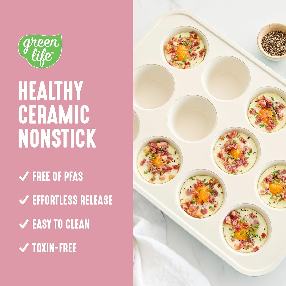 12-Cup Muffin Pan, Healthy Ceramic Nonstick Bakeware, PFOA & PFAS-Free Cupcake Sheet, Durable, Versatile Kitchen Essentials, Easy Clean Muffin Mold, Valentine’s Day gifting, Pink