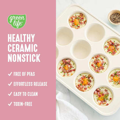 12-Cup Muffin Pan, Healthy Ceramic Nonstick Bakeware, PFOA & PFAS-Free Cupcake Sheet, Durable, Versatile Kitchen Essentials, Easy Clean Muffin Mold, Valentine’s Day gifting, Pink