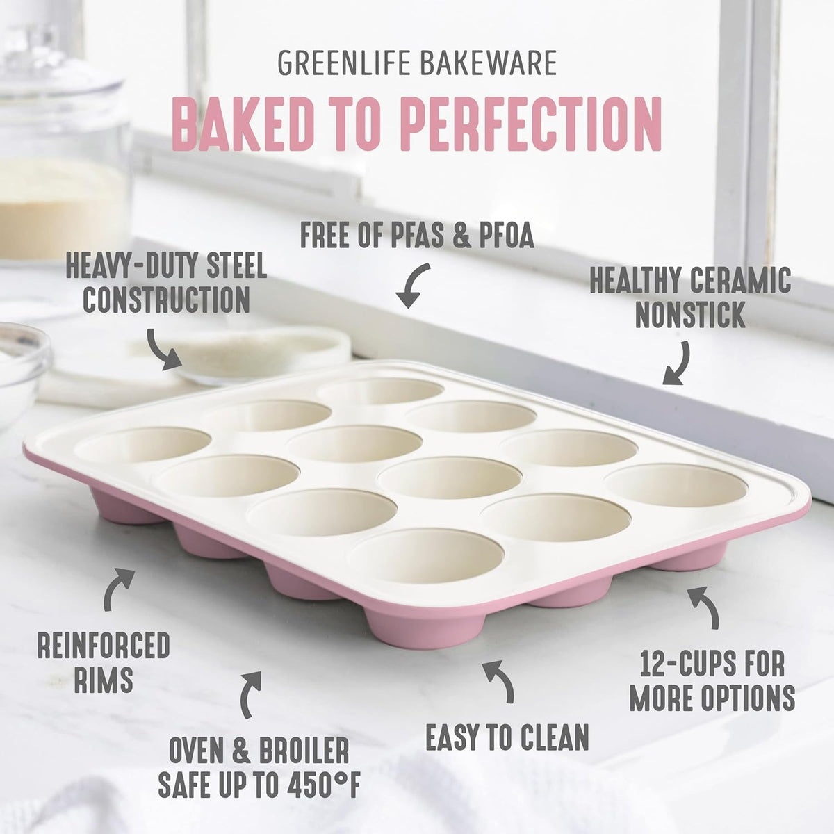 12-Cup Muffin Pan, Healthy Ceramic Nonstick Bakeware, PFOA & PFAS-Free Cupcake Sheet, Durable, Versatile Kitchen Essentials, Easy Clean Muffin Mold, Valentine’s Day gifting, Pink