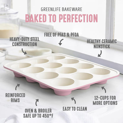12-Cup Muffin Pan, Healthy Ceramic Nonstick Bakeware, PFOA & PFAS-Free Cupcake Sheet, Durable, Versatile Kitchen Essentials, Easy Clean Muffin Mold, Valentine’s Day gifting, Pink