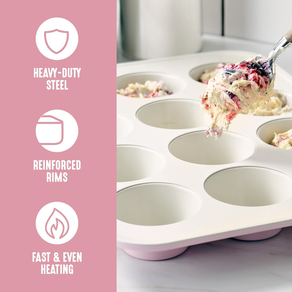 12-Cup Muffin Pan, Healthy Ceramic Nonstick Bakeware, PFOA & PFAS-Free Cupcake Sheet, Durable, Versatile Kitchen Essentials, Easy Clean Muffin Mold, Valentine’s Day gifting, Pink