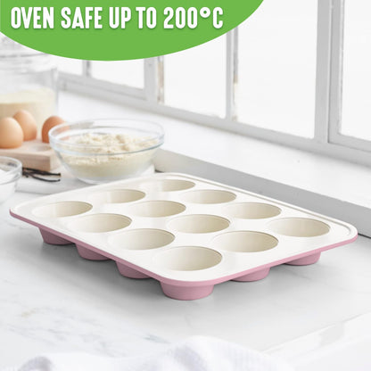 12-Cup Muffin Pan, Healthy Ceramic Nonstick Bakeware, PFOA & PFAS-Free Cupcake Sheet, Durable, Versatile Kitchen Essentials, Easy Clean Muffin Mold, Valentine’s Day gifting, Pink