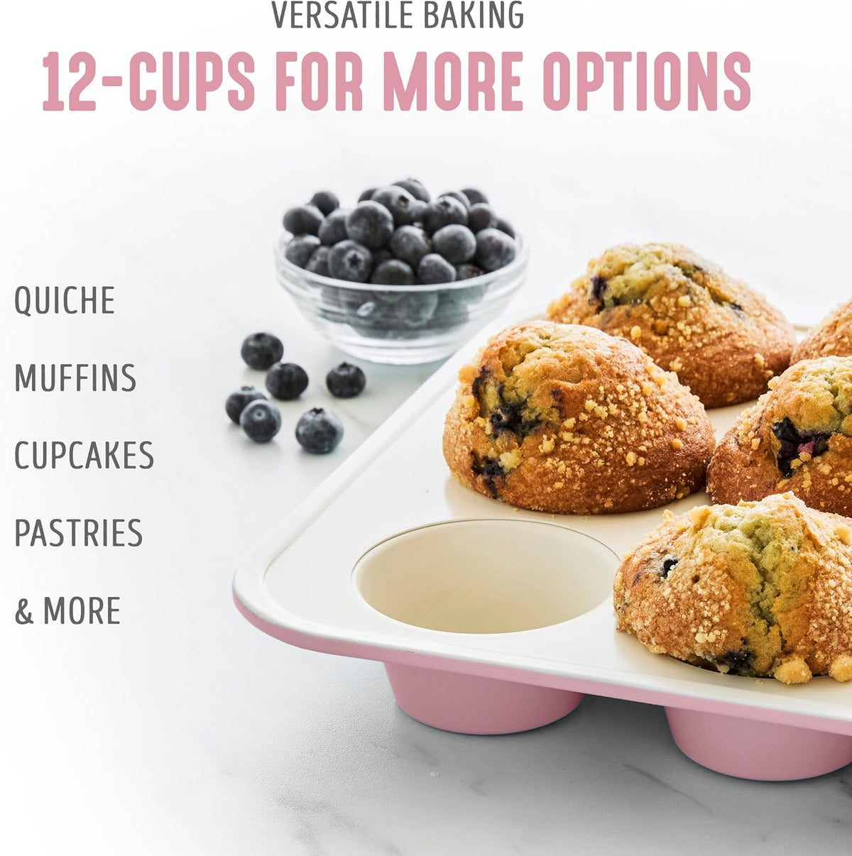 12-Cup Muffin Pan, Healthy Ceramic Nonstick Bakeware, PFOA & PFAS-Free Cupcake Sheet, Durable, Versatile Kitchen Essentials, Easy Clean Muffin Mold, Valentine’s Day gifting, Pink