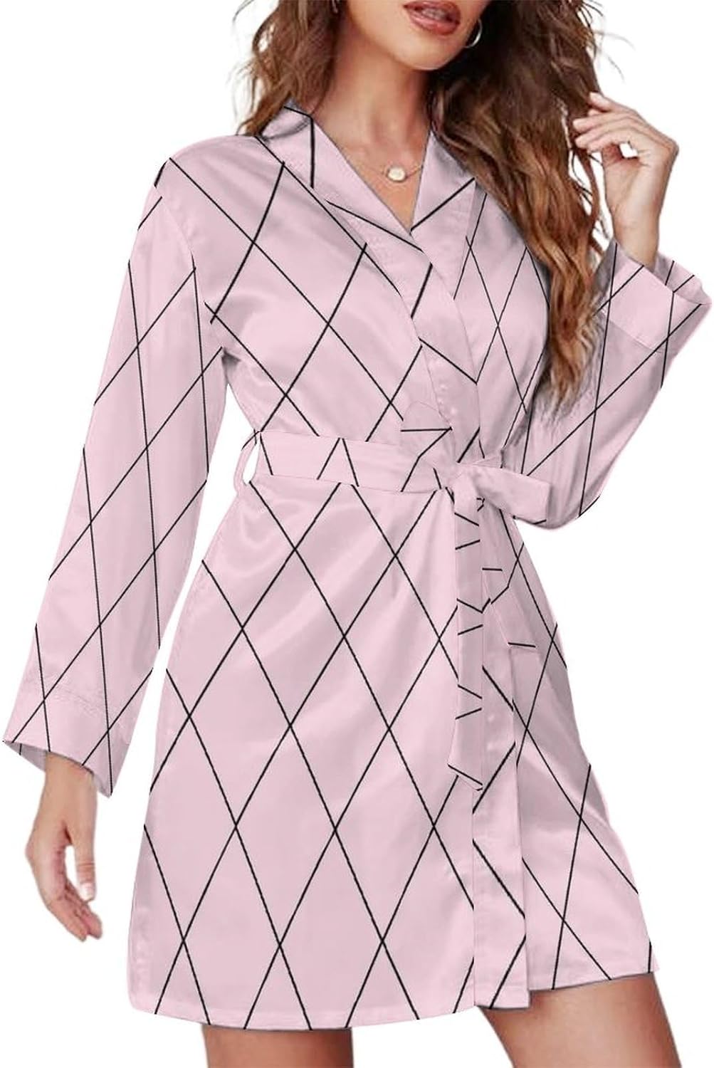 Checkered Pink Pattern Print Short Robes for Women, Belted Bathrobe Nightgown Sleepwear Loungewear Dressing Gown