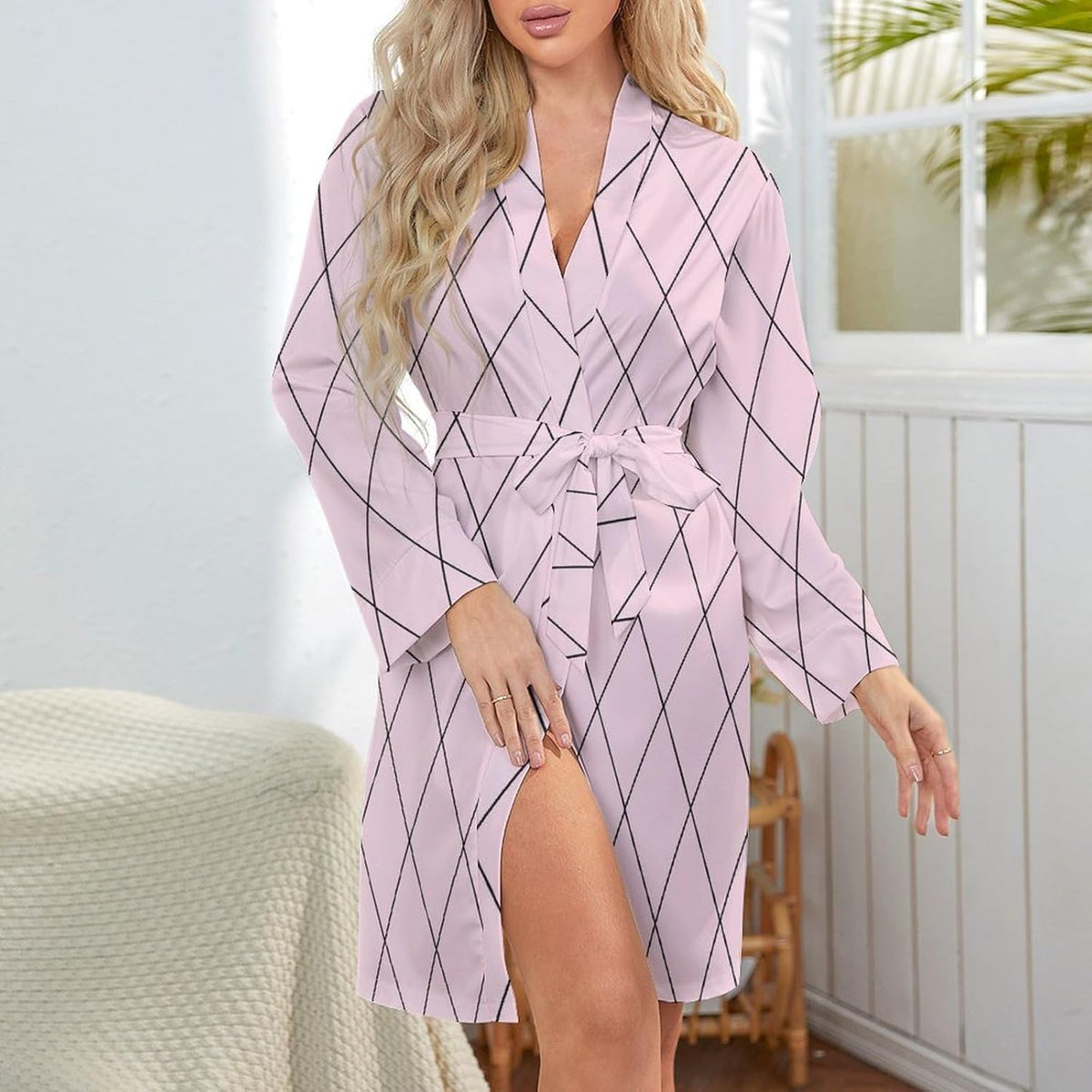 Checkered Pink Pattern Print Short Robes for Women, Belted Bathrobe Nightgown Sleepwear Loungewear Dressing Gown