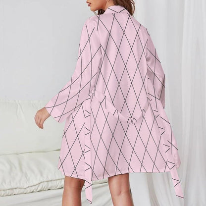 Checkered Pink Pattern Print Short Robes for Women, Belted Bathrobe Nightgown Sleepwear Loungewear Dressing Gown