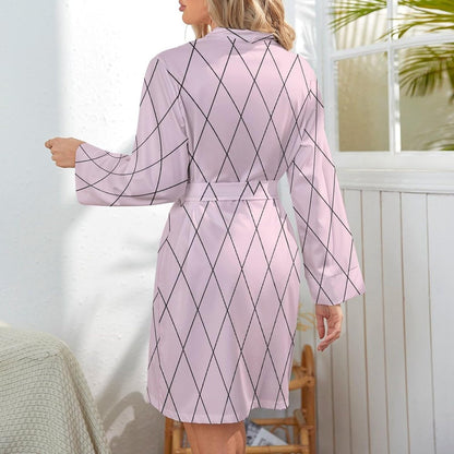 Checkered Pink Pattern Print Short Robes for Women, Belted Bathrobe Nightgown Sleepwear Loungewear Dressing Gown