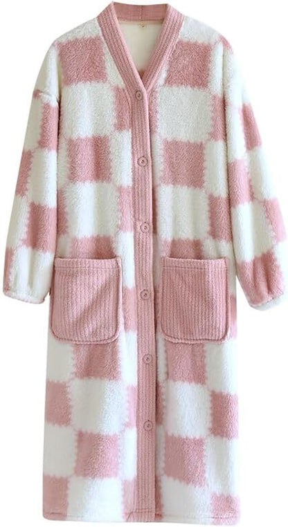 long length Women Plush Fleece Robe, Soft Textured Bathrobe Lady Cozy Spa Long Robe Checkered Sleepwear with Pockets