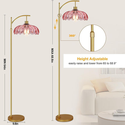 Pink Floor Lamp for Living Room,Bedroom,Gold Dimmable Standing Lamp with Remote,Mid Century Modern Brass Tall Lamp Boho Floor Lamps Arc Stained Glass Flower Floor Light Lamp Girls kids Bohemian