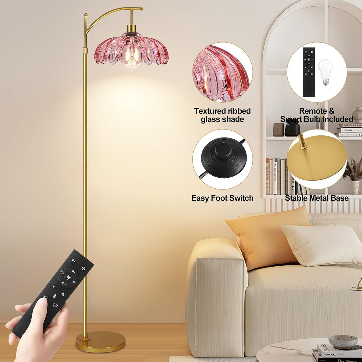 Pink Floor Lamp for Living Room,Bedroom,Gold Dimmable Standing Lamp with Remote,Mid Century Modern Brass Tall Lamp Boho Floor Lamps Arc Stained Glass Flower Floor Light Lamp Girls kids Bohemian