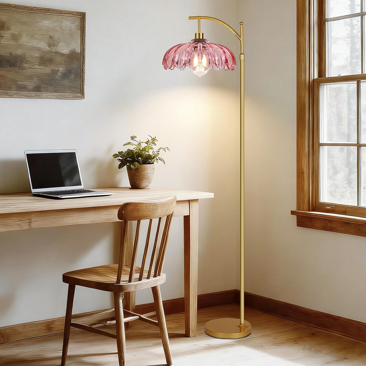 Pink Floor Lamp for Living Room,Bedroom,Gold Dimmable Standing Lamp with Remote,Mid Century Modern Brass Tall Lamp Boho Floor Lamps Arc Stained Glass Flower Floor Light Lamp Girls kids Bohemian