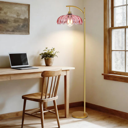 Pink Floor Lamp for Living Room,Bedroom,Gold Dimmable Standing Lamp with Remote,Mid Century Modern Brass Tall Lamp Boho Floor Lamps Arc Stained Glass Flower Floor Light Lamp Girls kids Bohemian