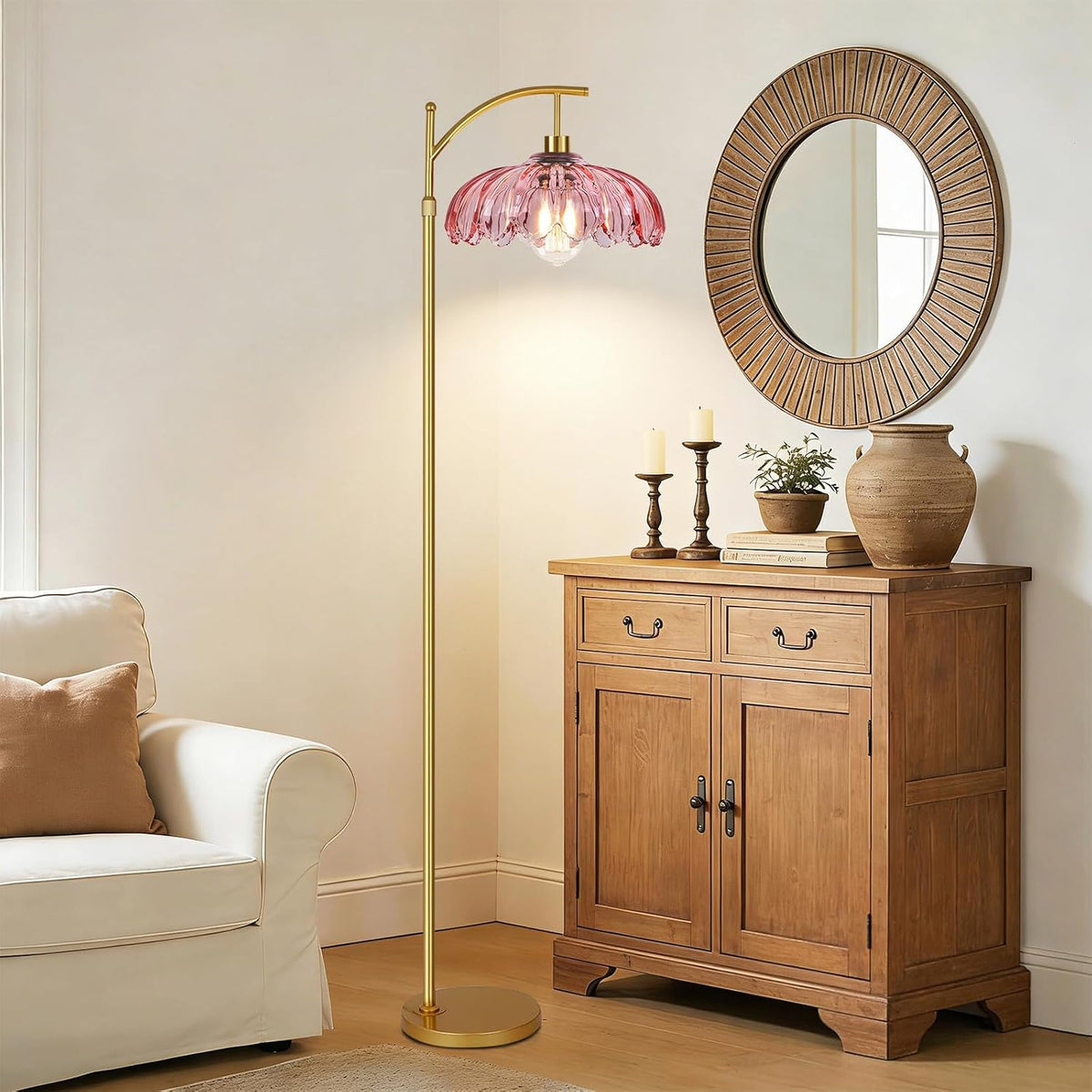 Pink Floor Lamp for Living Room,Bedroom,Gold Dimmable Standing Lamp with Remote,Mid Century Modern Brass Tall Lamp Boho Floor Lamps Arc Stained Glass Flower Floor Light Lamp Girls kids Bohemian