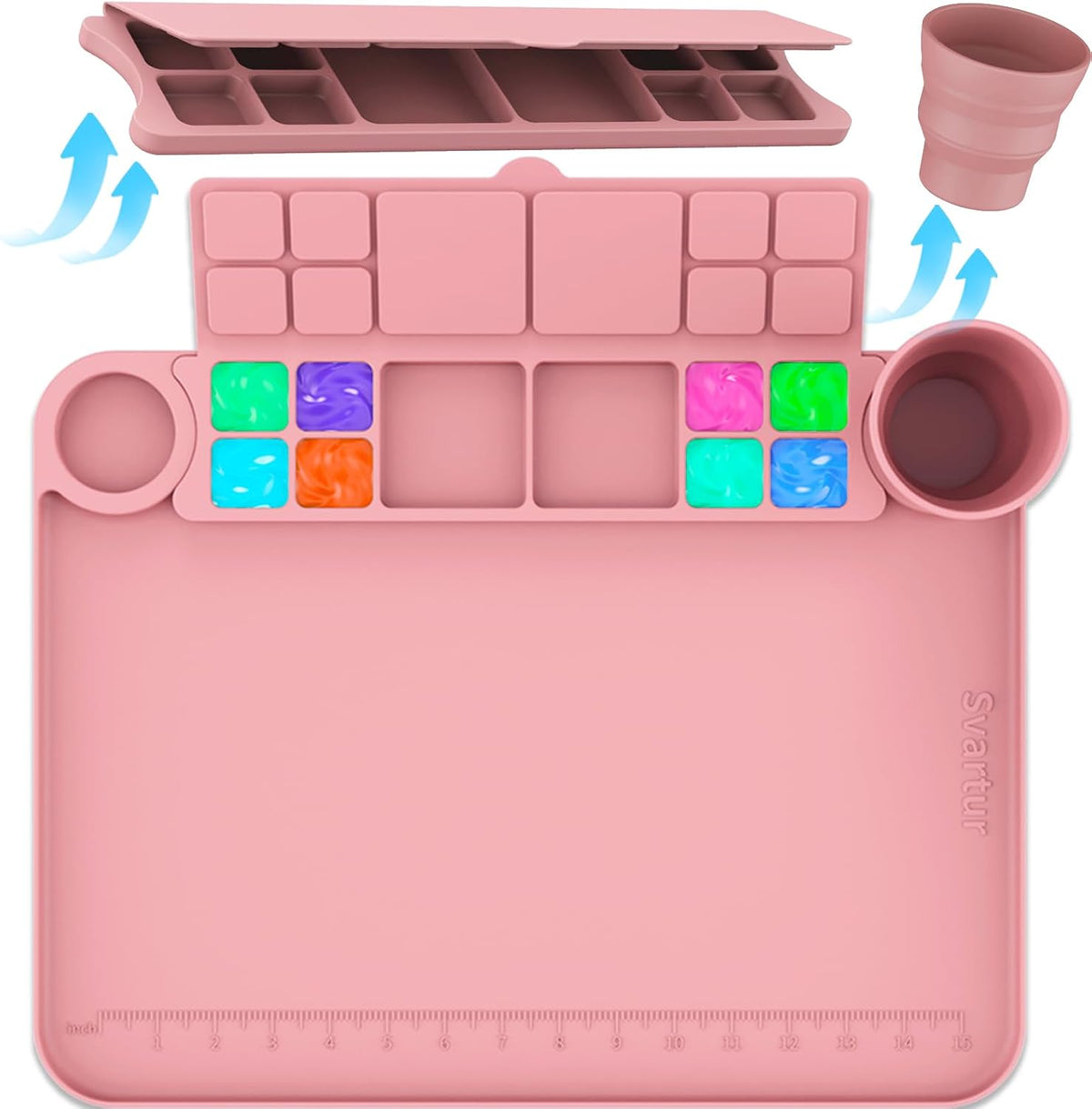 Svartur Silicone Art Mat - 17" X 13" With Cup and Palette, Raised Edge for Craft, Artist Creator Mat for Resin DIY, Coral Pink