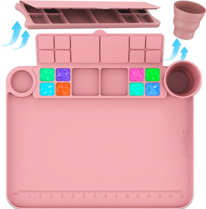 Svartur Silicone Art Mat - 17" X 13" With Cup and Palette, Raised Edge for Craft, Artist Creator Mat for Resin DIY, Coral Pink