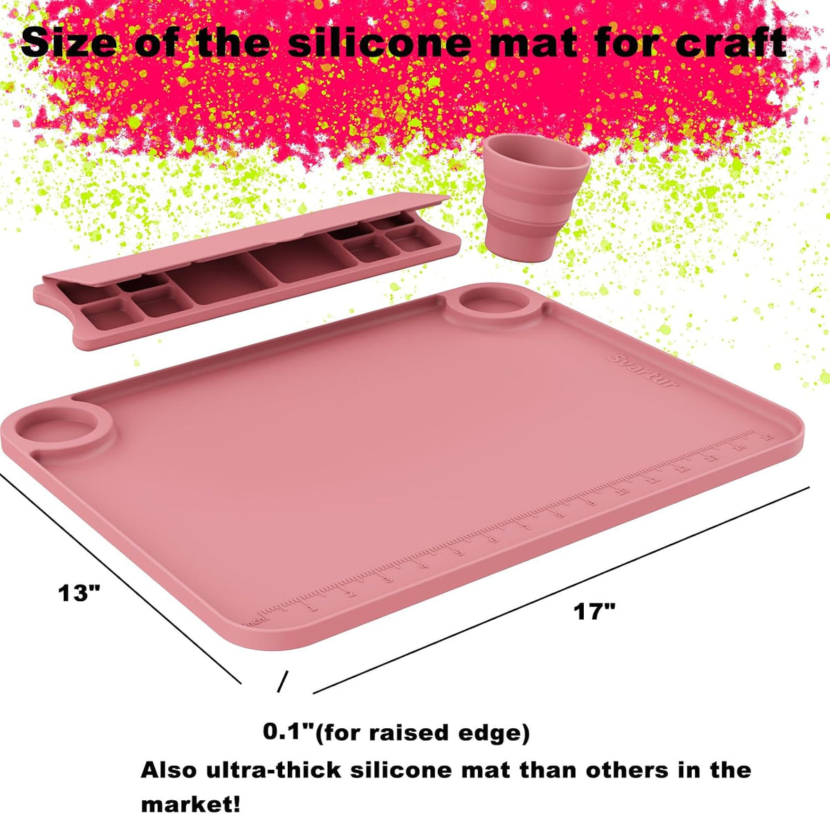 Svartur Silicone Art Mat - 17" X 13" With Cup and Palette, Raised Edge for Craft, Artist Creator Mat for Resin DIY, Coral Pink
