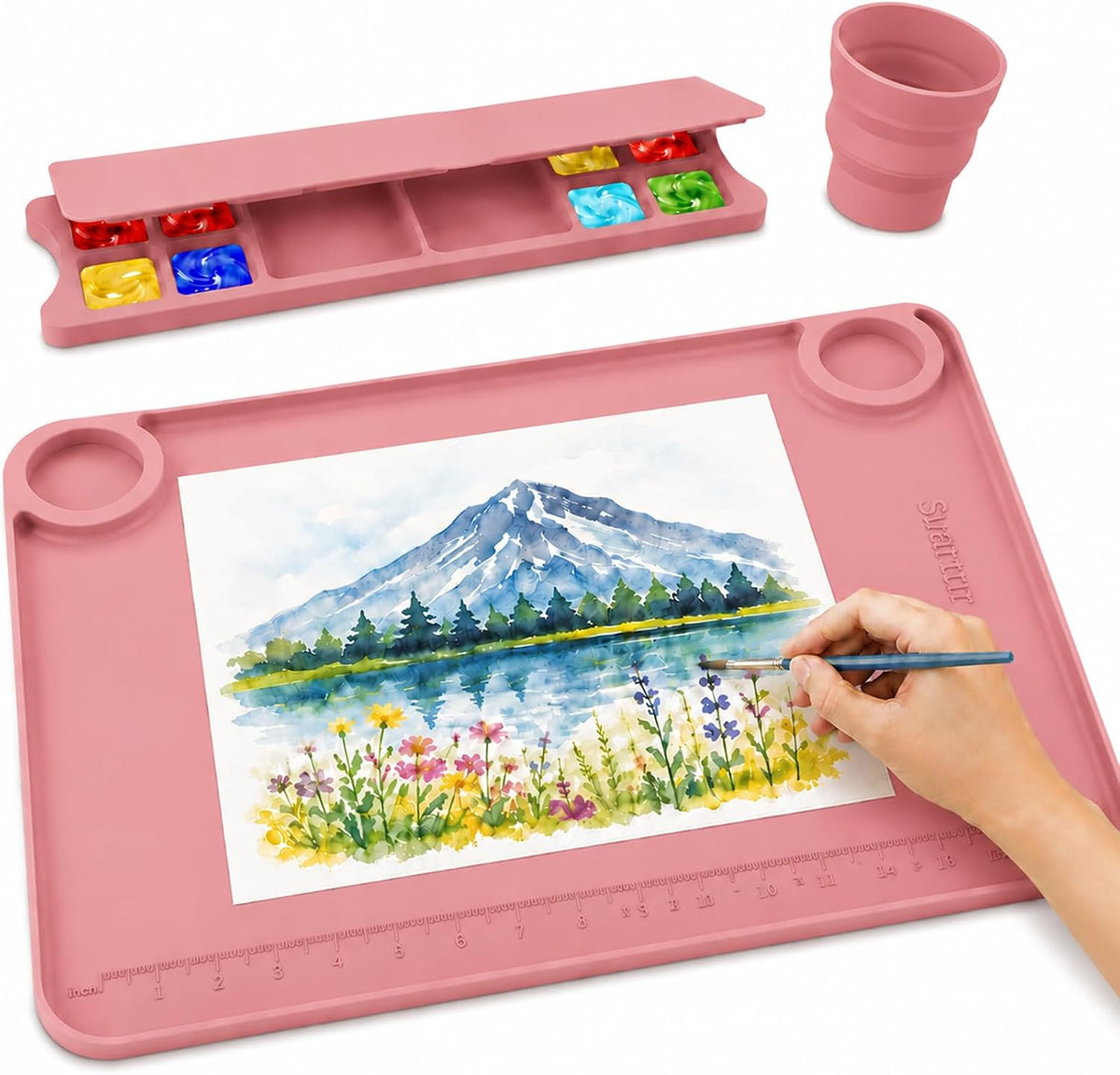 Svartur Silicone Art Mat - 17" X 13" With Cup and Palette, Raised Edge for Craft, Artist Creator Mat for Resin DIY, Coral Pink