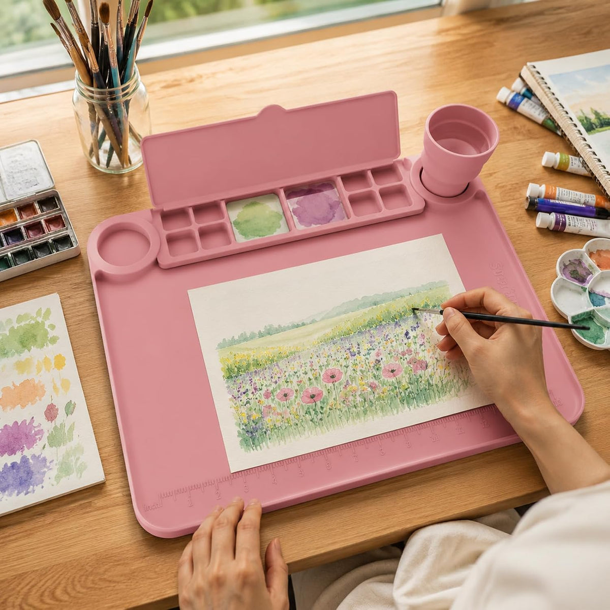 Svartur Silicone Art Mat - 17" X 13" With Cup and Palette, Raised Edge for Craft, Artist Creator Mat for Resin DIY, Coral Pink